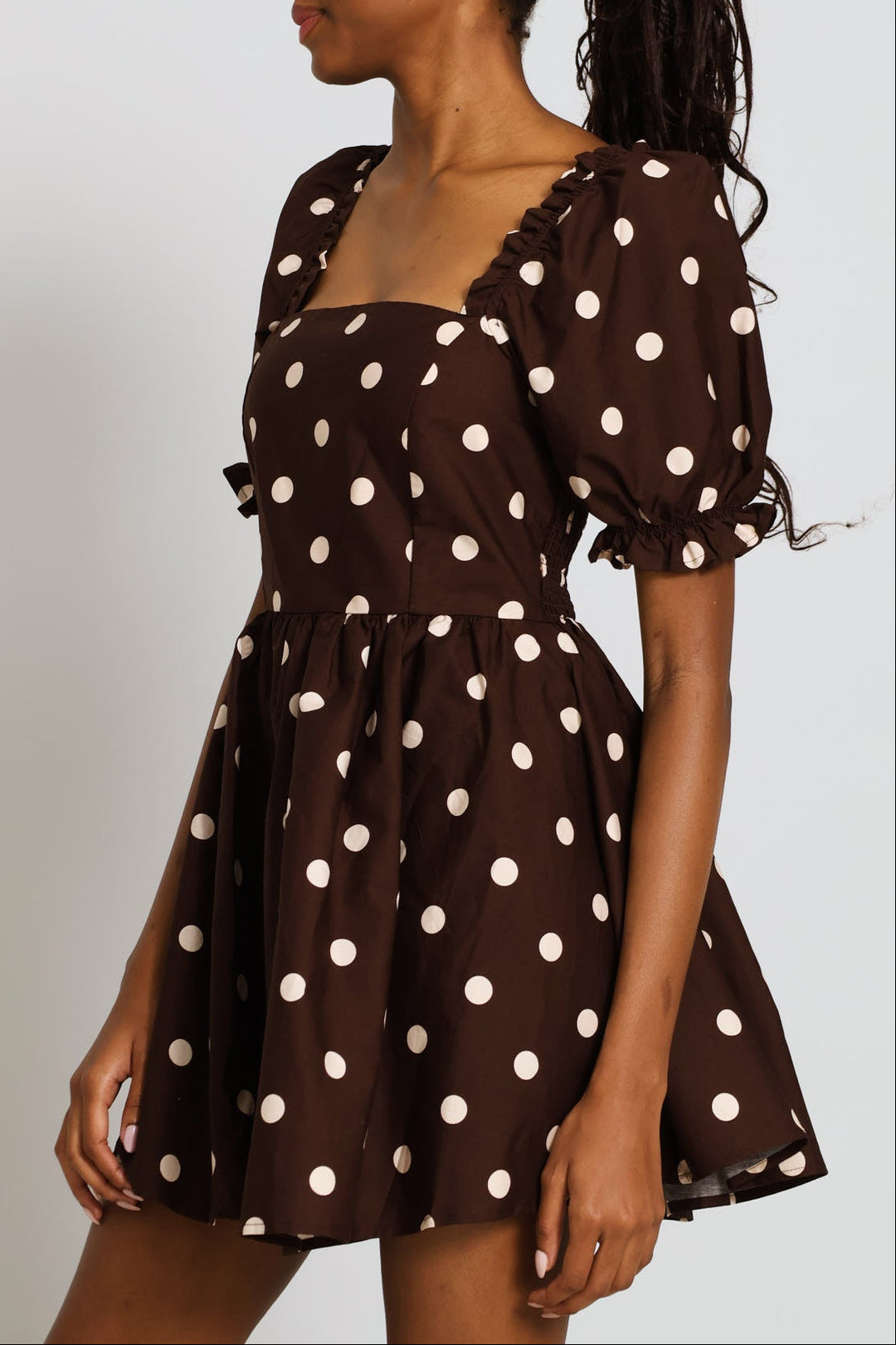 Polka Dot Puff Sleeve Mini Dress - Chocolate