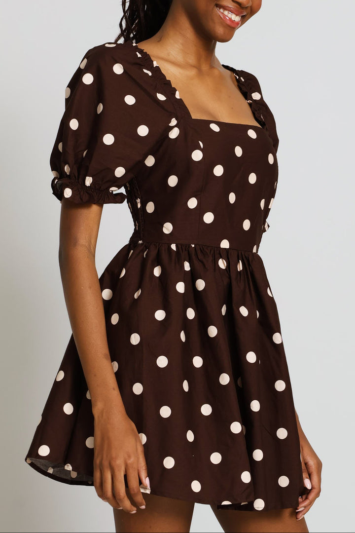 Polka Dot Puff Sleeve Mini Dress - Chocolate
