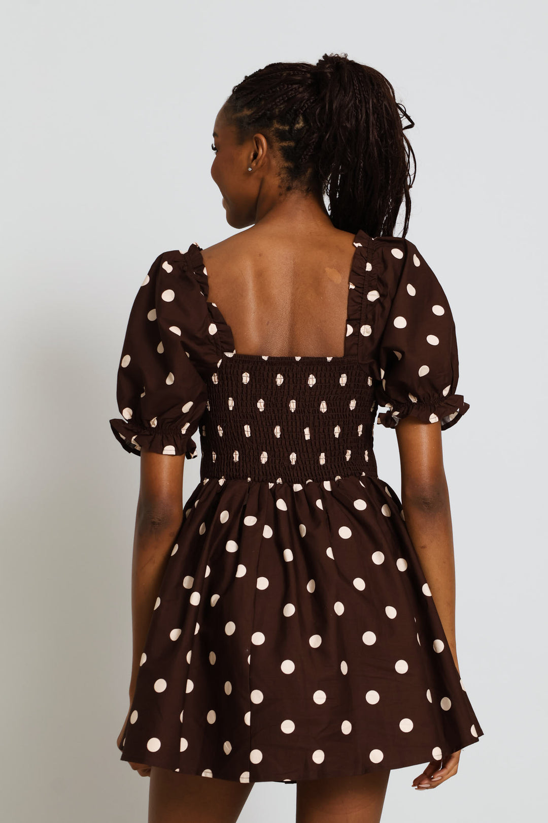 Polka Dot Puff Sleeve Mini Dress - Chocolate