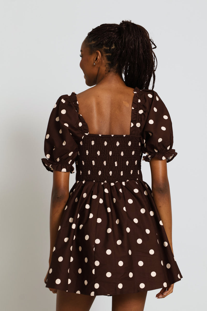 Polka Dot Puff Sleeve Mini Dress - Chocolate