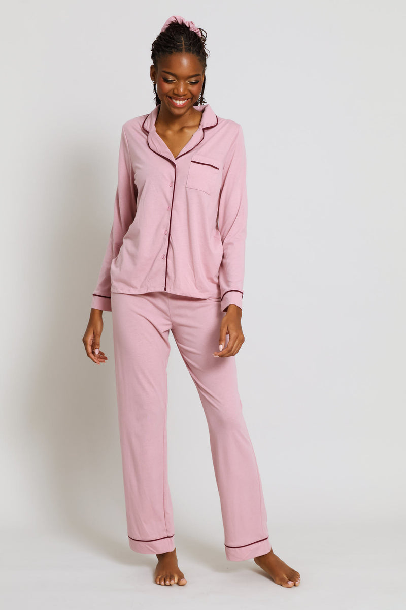 Long Sleeve Button Through & Pant Knit Set - Dusty Pink