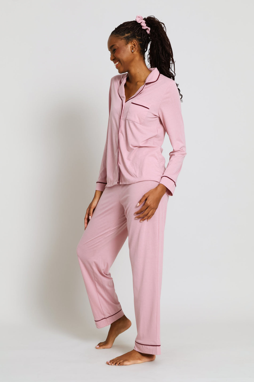 Long Sleeve Button Through & Pant Knit Set - Dusty Pink