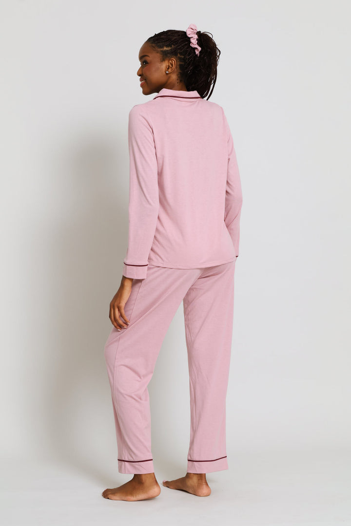 Long Sleeve Button Through & Pant Knit Set - Dusty Pink