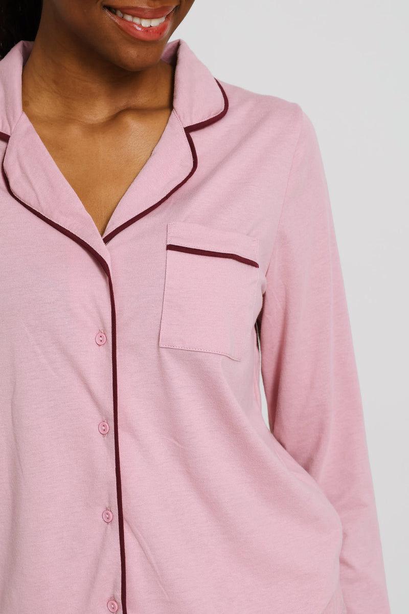 Long Sleeve Button Through & Pant Knit Set - Dusty Pink