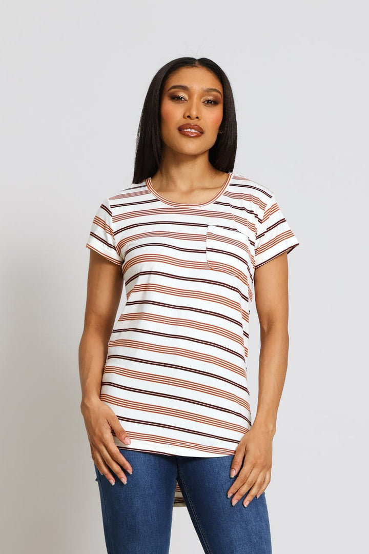 Short Sleeve Striped Pocket Tee - Stone/Chocolate
