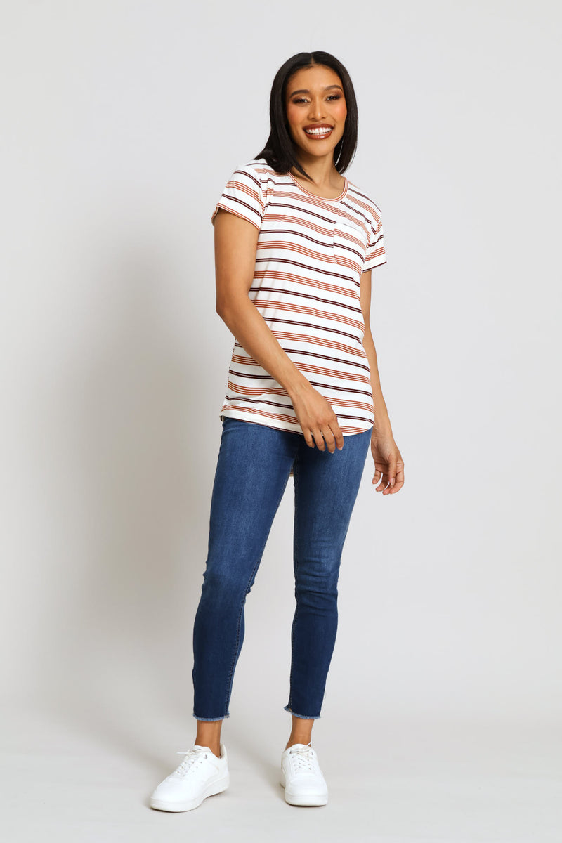 Short Sleeve Striped Pocket Tee - Stone/Chocolate