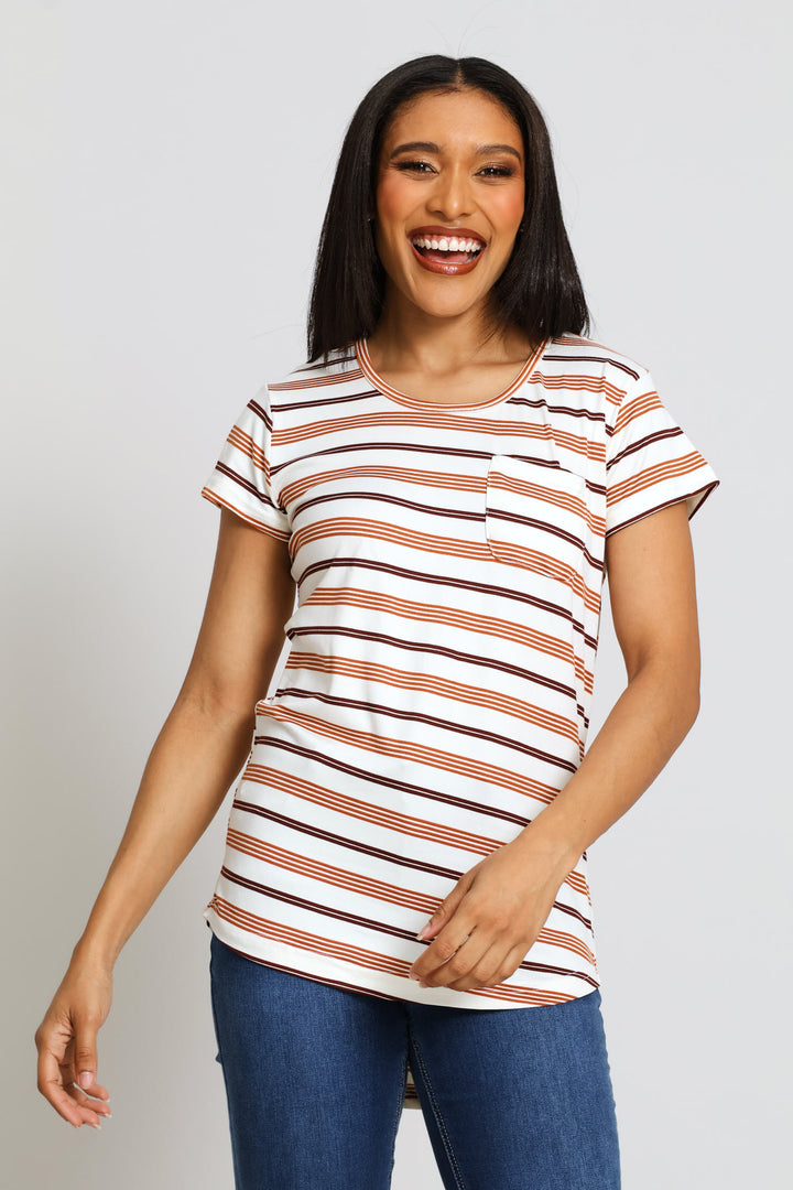 Short Sleeve Striped Pocket Tee - Stone/Chocolate