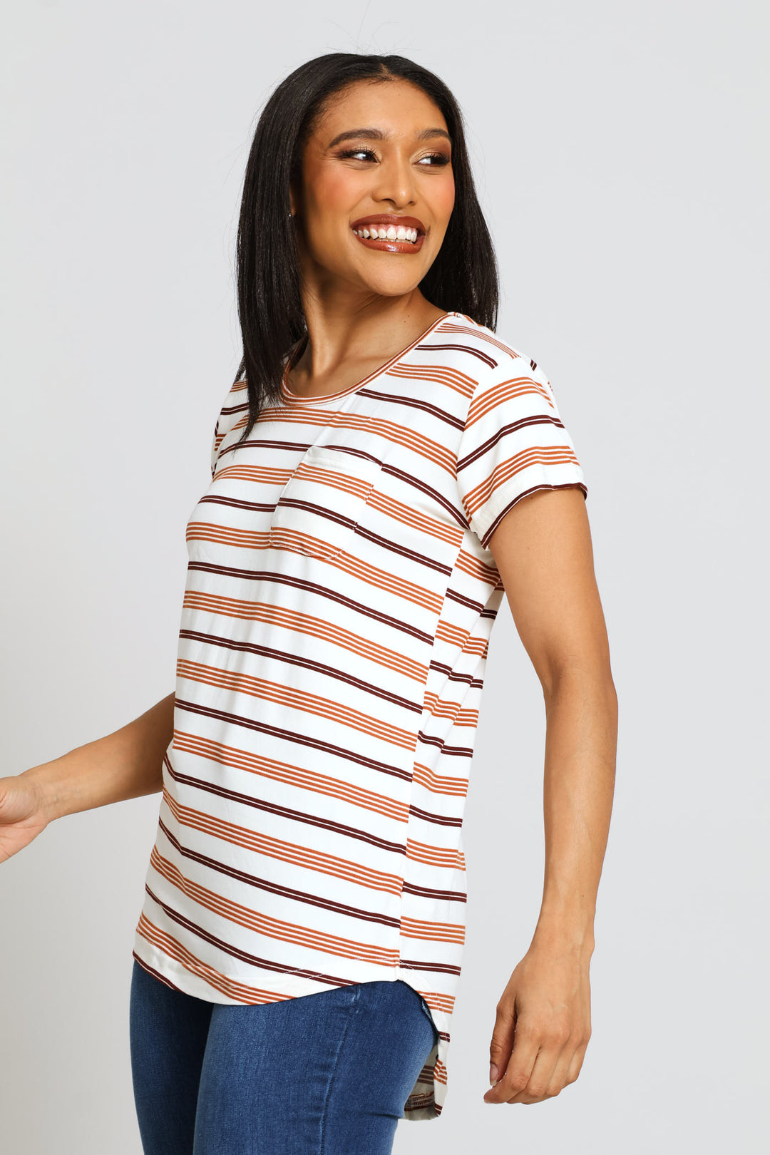 Short Sleeve Striped Pocket Tee - Stone/Chocolate