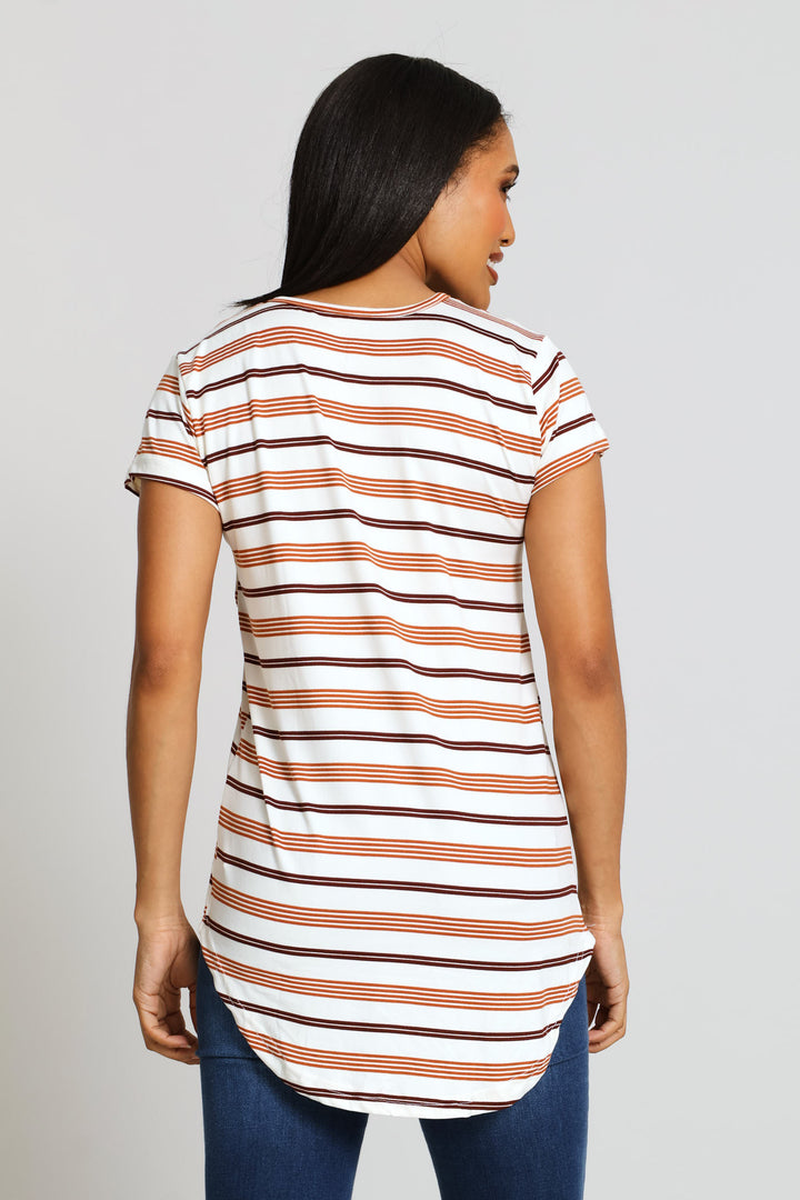 Short Sleeve Striped Pocket Tee - Stone/Chocolate