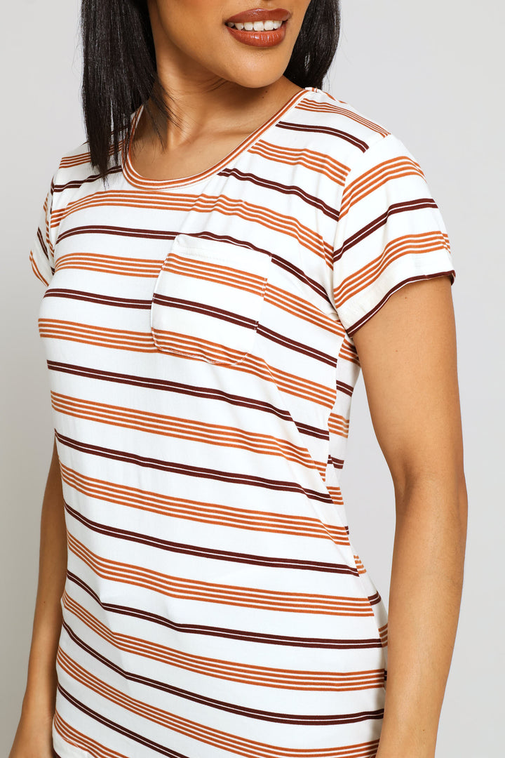 Short Sleeve Striped Pocket Tee - Stone/Chocolate