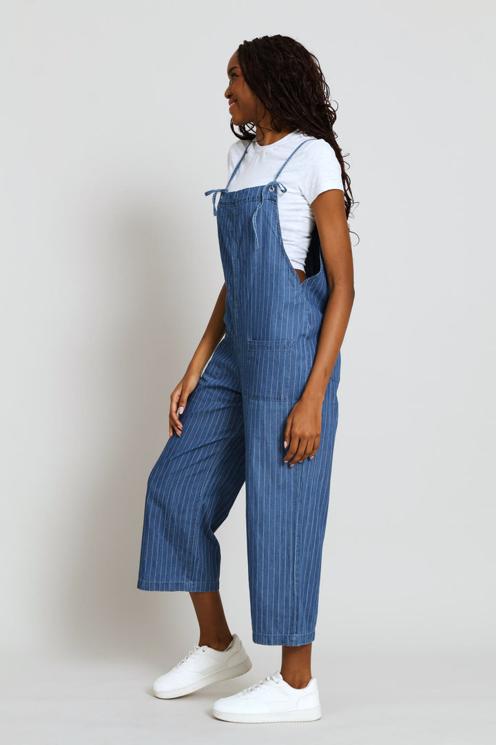 Pin Stripe Wash Pocket Jumpsuit - Mid Blue
