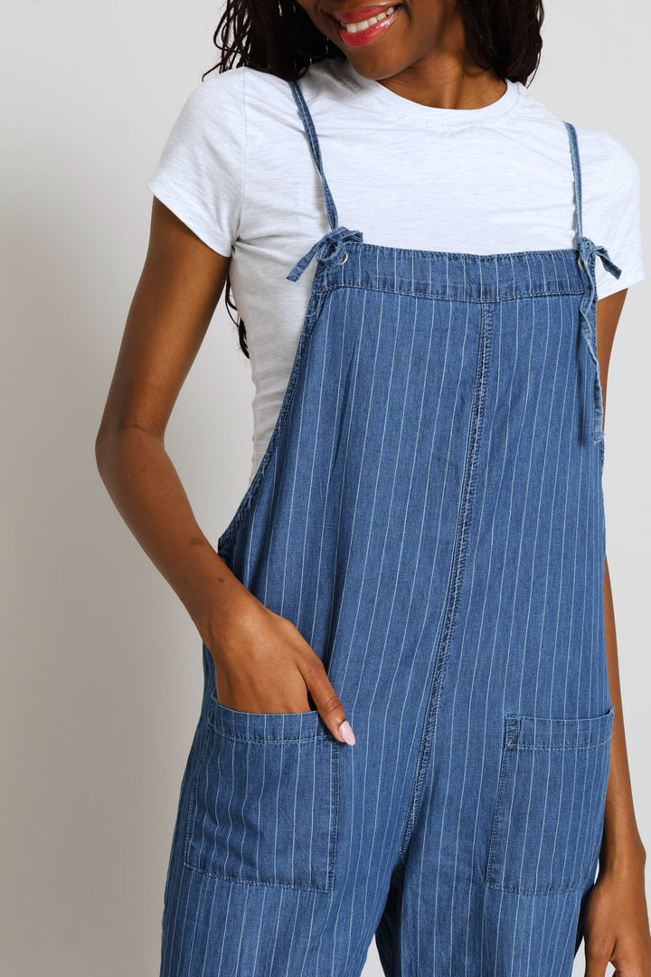 Pin Stripe Wash Pocket Jumpsuit - Mid Blue