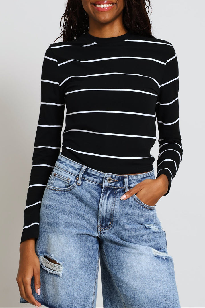 Long Sleeve Yarn Dye Stripe Tee - Black