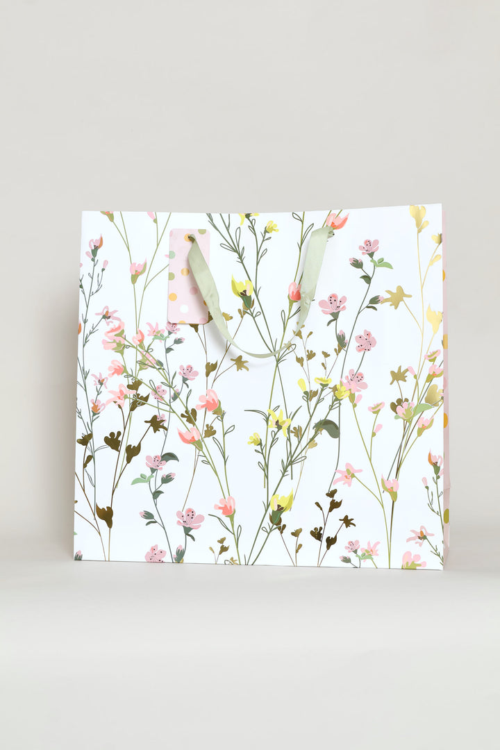 Spring Floral Polka Gold Foil Gift Bag - White