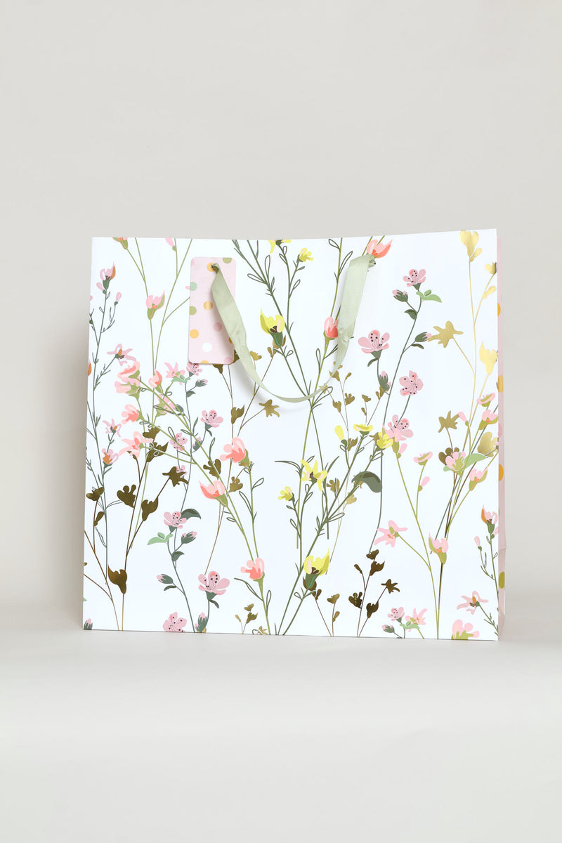 Spring Floral Polka Gold Foil Gift Bag - White