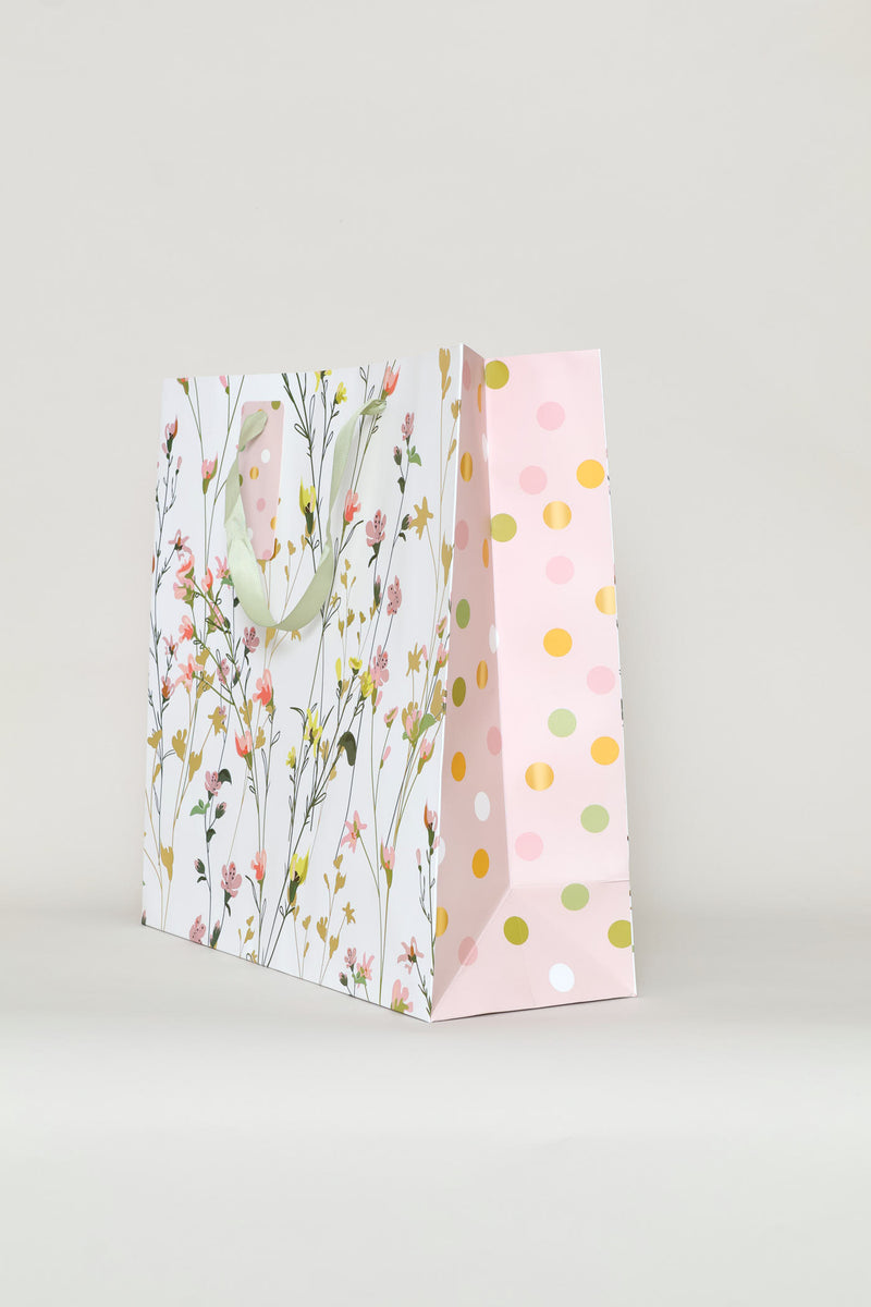 Spring Floral Polka Gold Foil Gift Bag - White