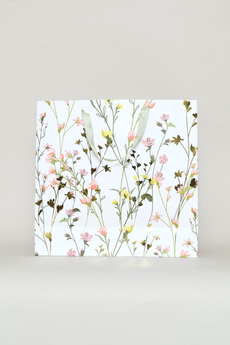 Spring Floral Polka Gold Foil Gift Bag - White