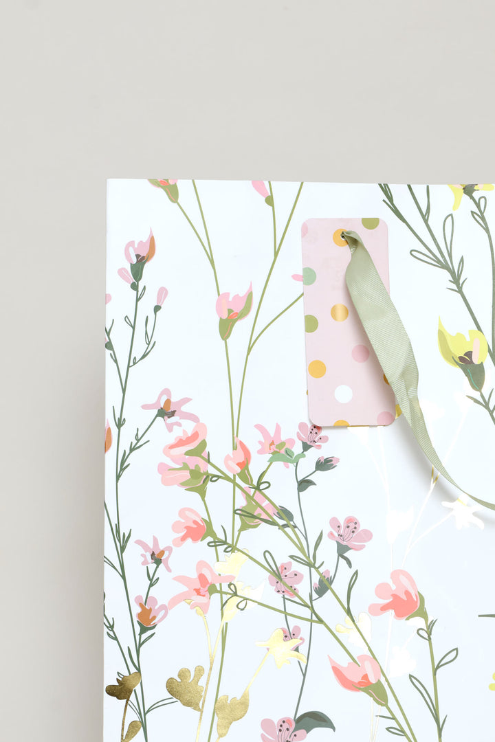 Spring Floral Polka Gold Foil Gift Bag - White