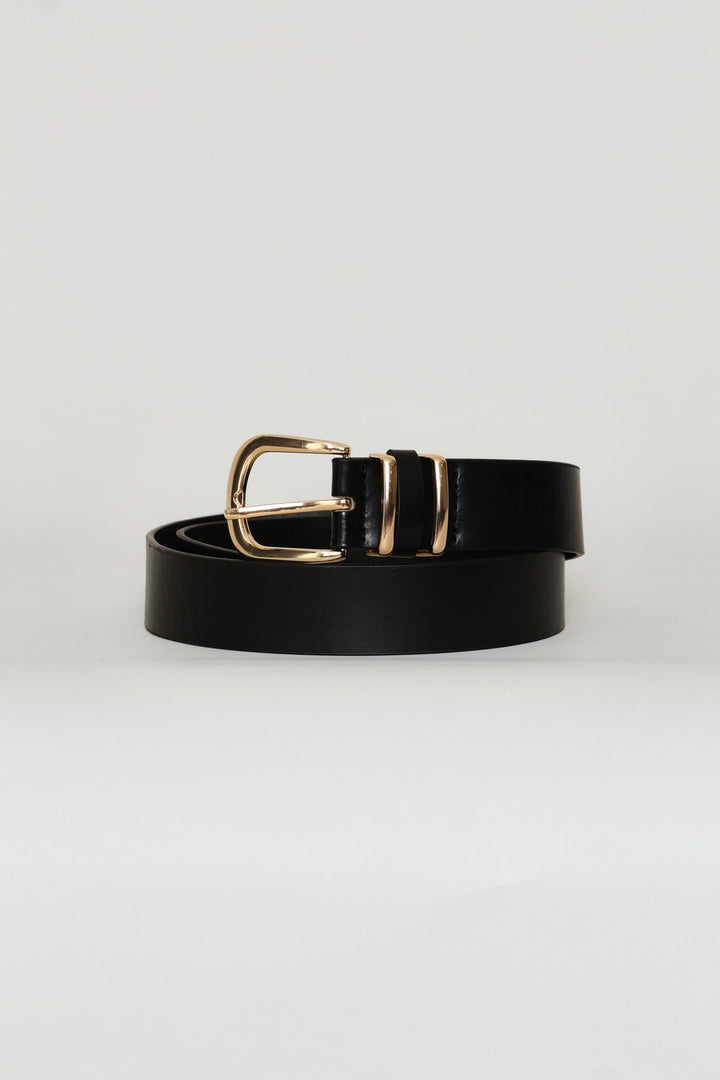 Ladies Rounded Buckle Double Gold Loop Belt - Black