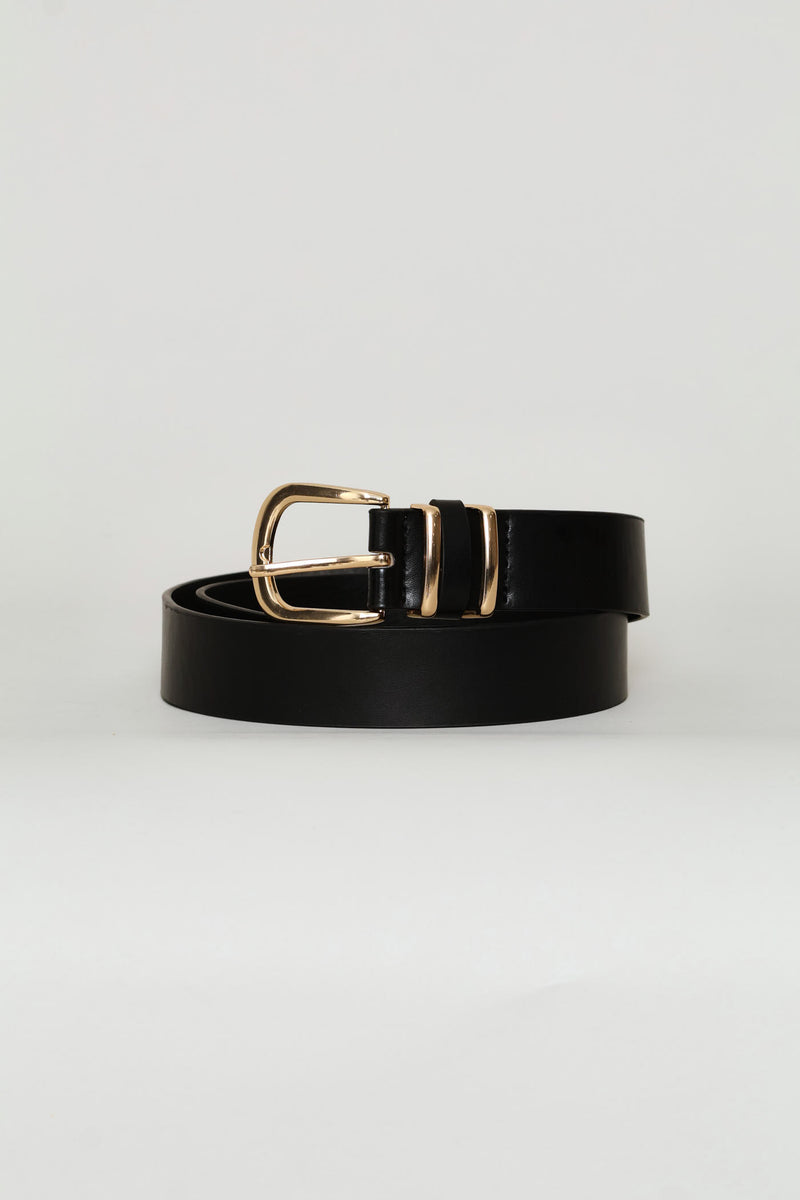 Ladies Rounded Buckle Double Gold Loop Belt - Black