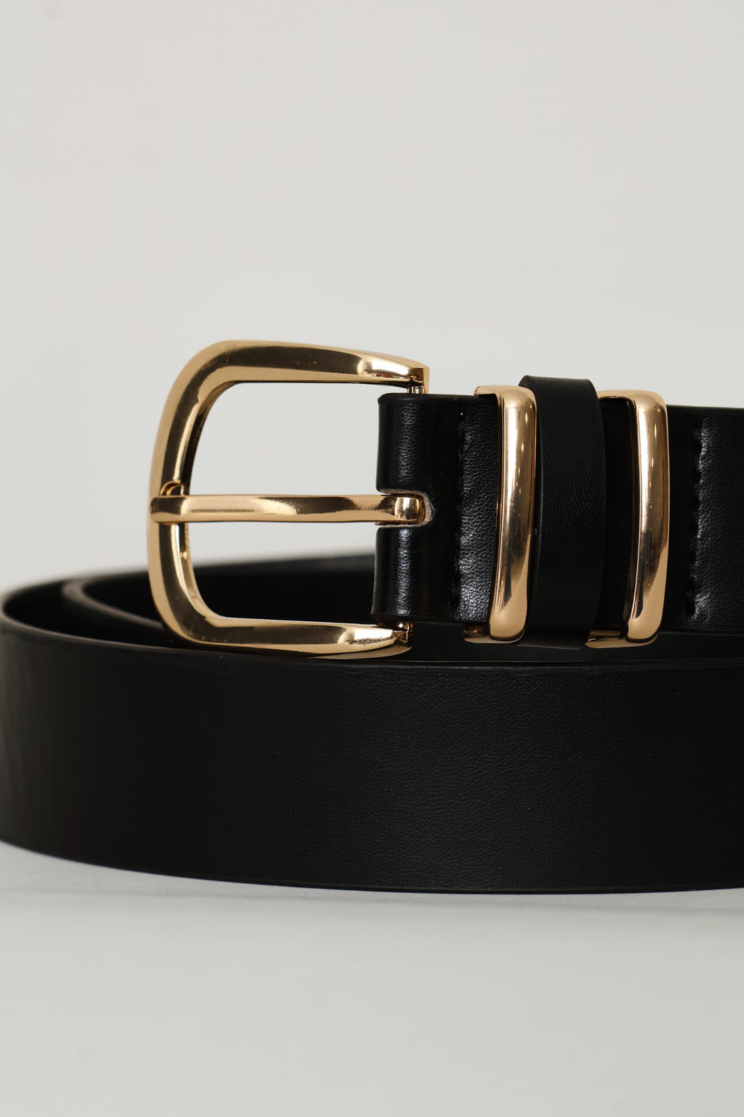 Ladies Rounded Buckle Double Gold Loop Belt - Black