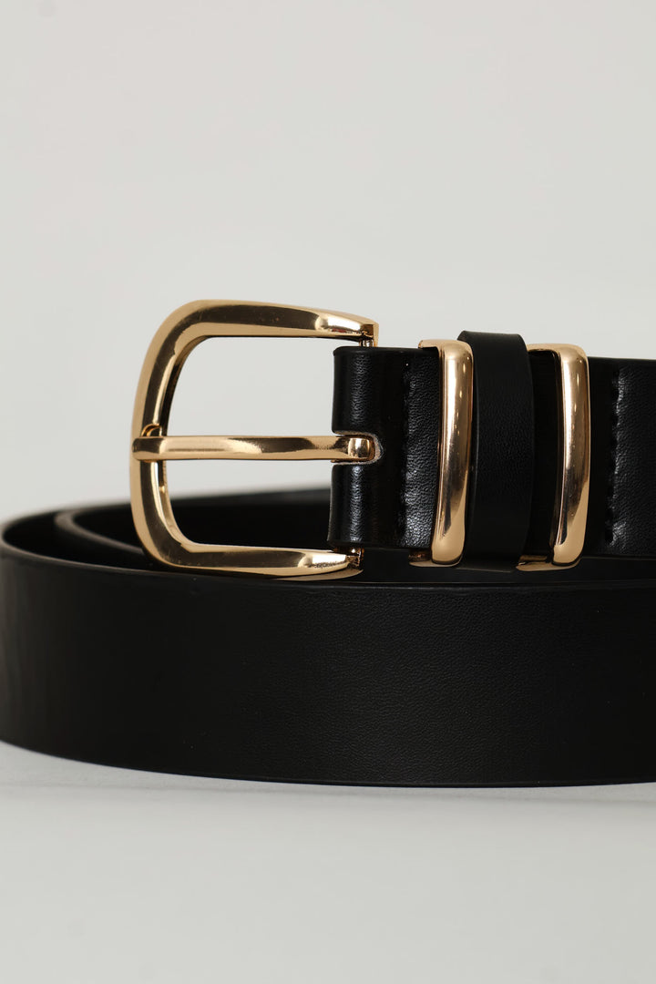 Ladies Rounded Buckle Double Gold Loop Belt - Black
