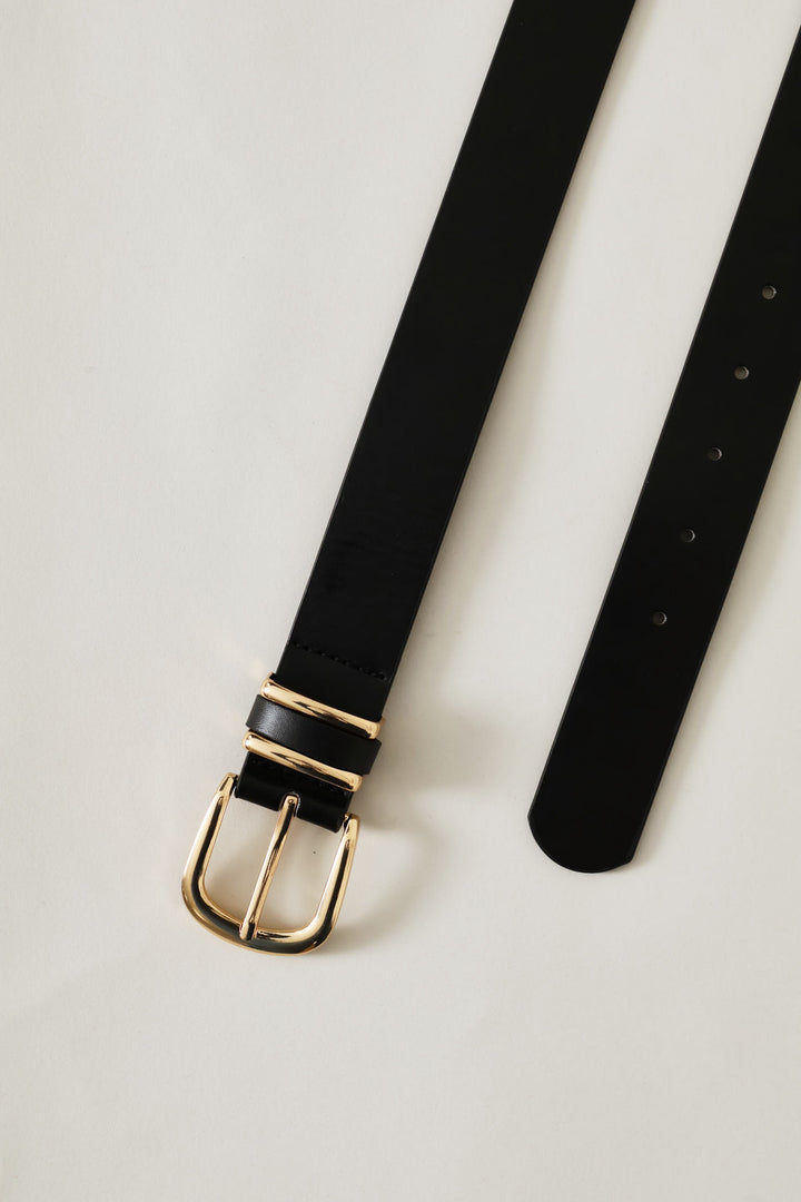 Ladies Rounded Buckle Double Gold Loop Belt - Black