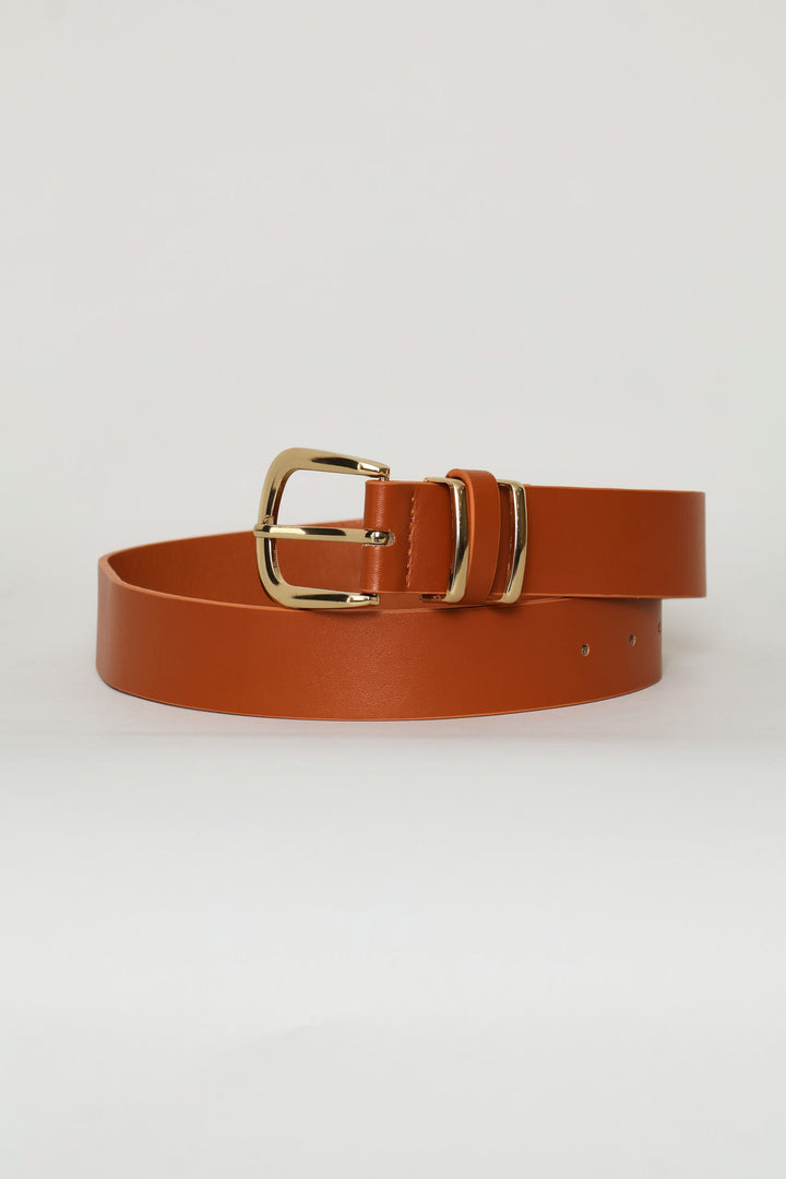 Ladies Rounded Buckle Double Gold Loop Belt - Tan