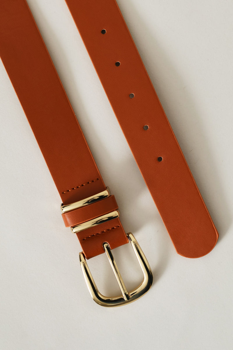 Ladies Rounded Buckle Double Gold Loop Belt - Tan