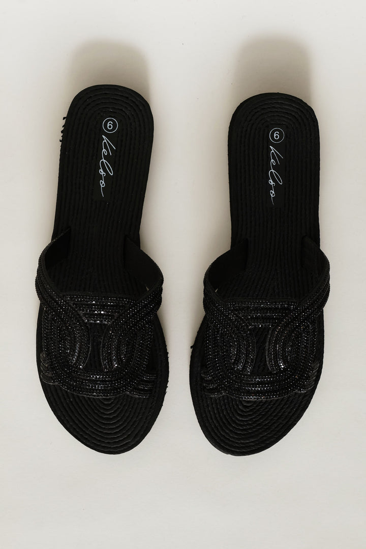 Diamante Sandal With Oval Trim - Black