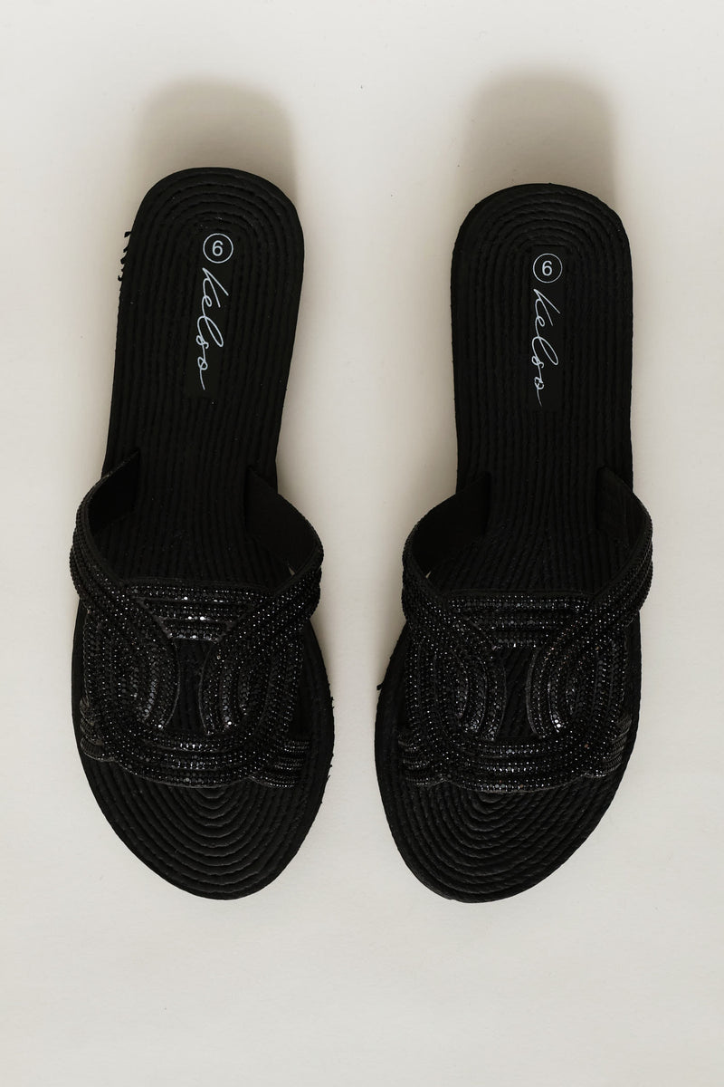 Diamante Sandal With Oval Trim - Black