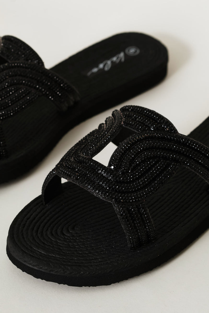 Diamante Sandal With Oval Trim - Black