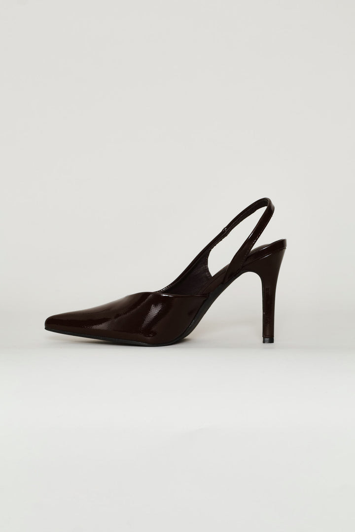 Satin V-Cut Stiletto Slingback Heel - Chocolate