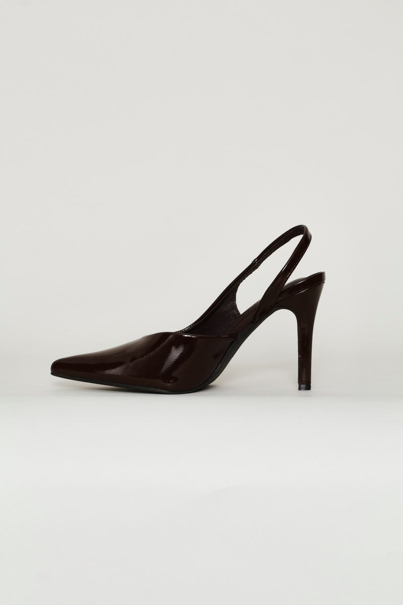 Satin V-Cut Stiletto Slingback Heel - Chocolate