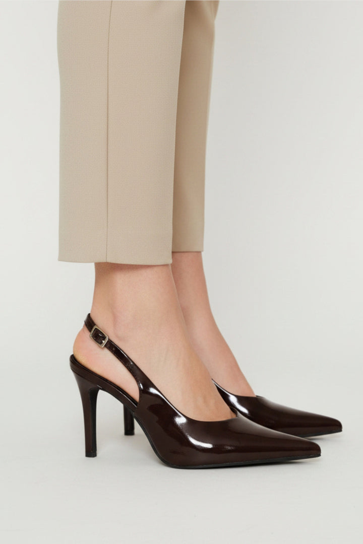 Satin V-Cut Stiletto Slingback Heel - Chocolate