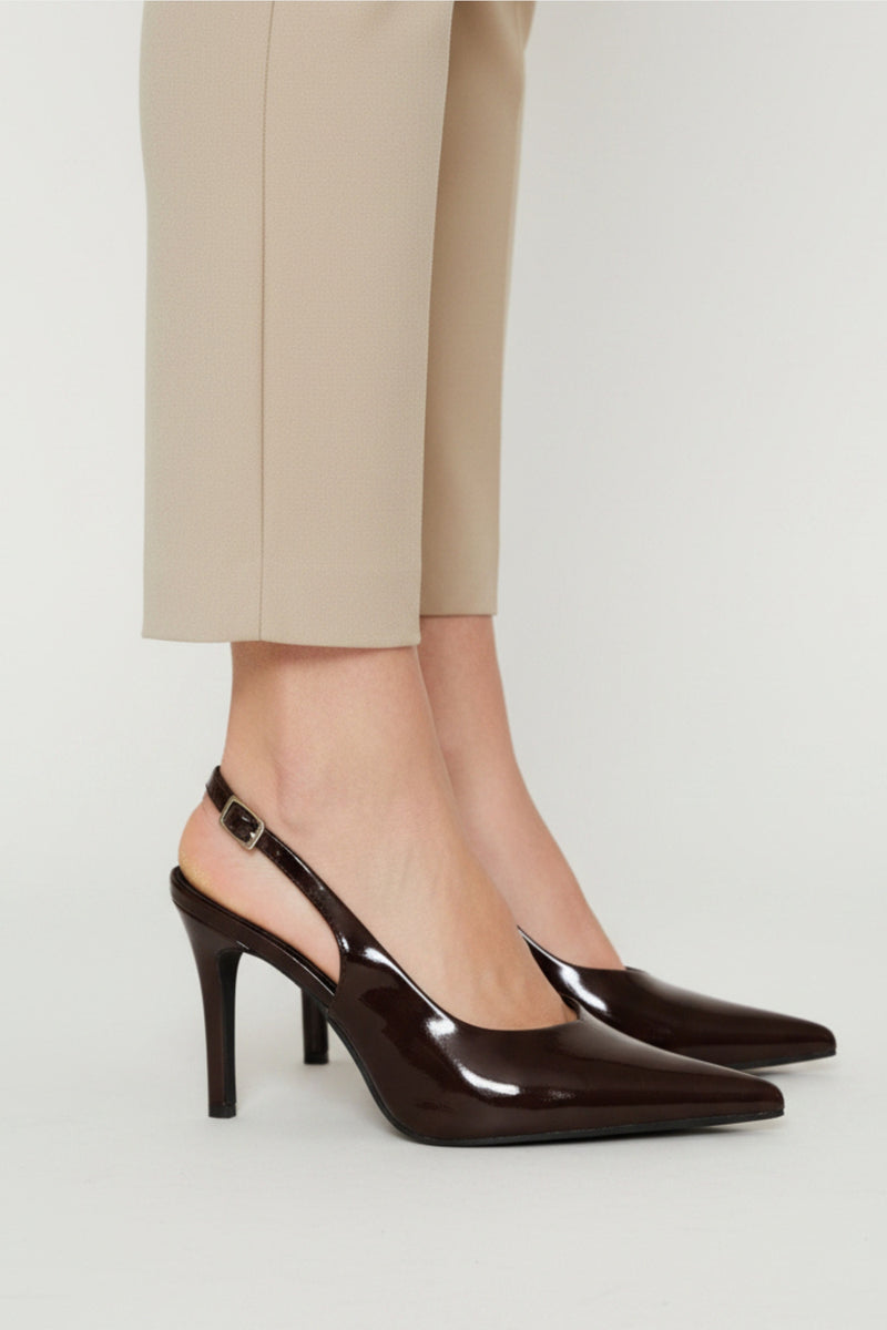 Satin V-Cut Stiletto Slingback Heel - Chocolate