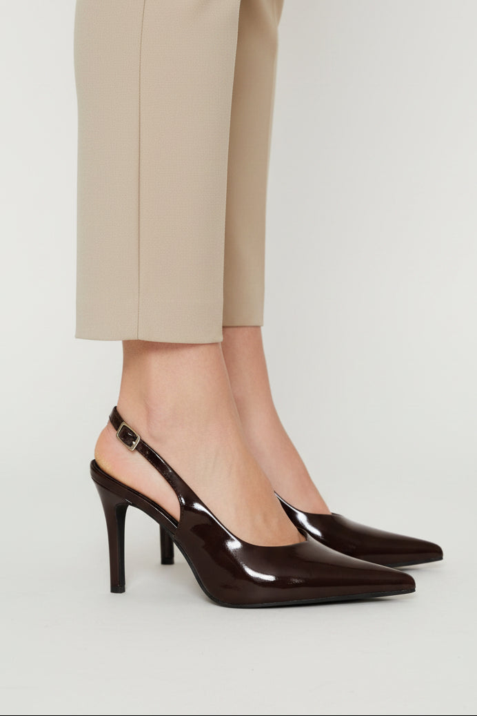 Satin V-Cut Stiletto Slingback Heel - Chocolate