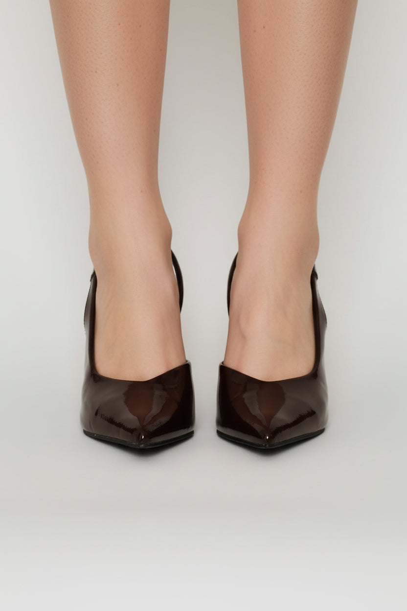 Satin V-Cut Stiletto Slingback Heel - Chocolate