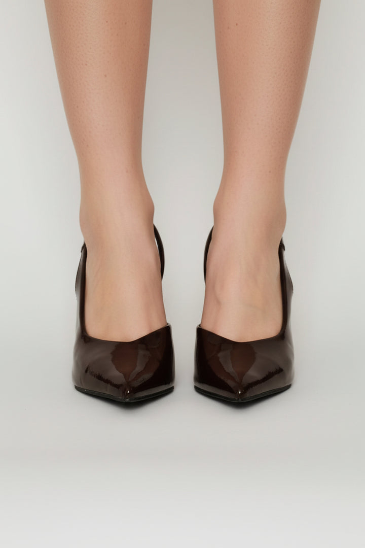 Satin V-Cut Stiletto Slingback Heel - Chocolate