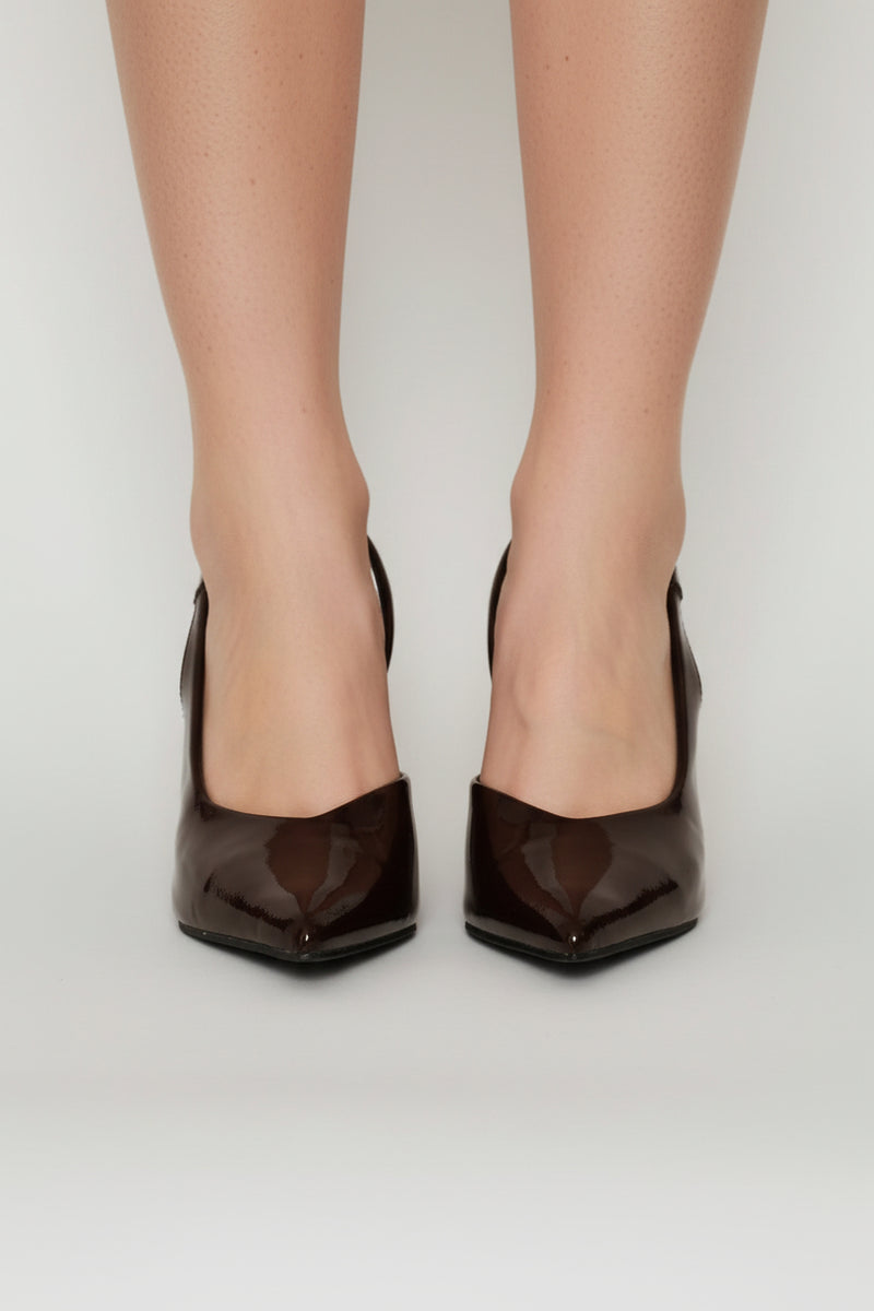 Satin V-Cut Stiletto Slingback Heel - Chocolate