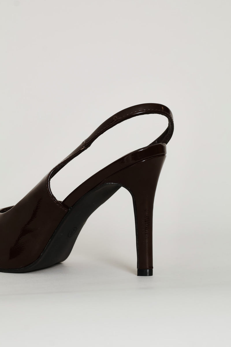 Satin V-Cut Stiletto Slingback Heel - Chocolate