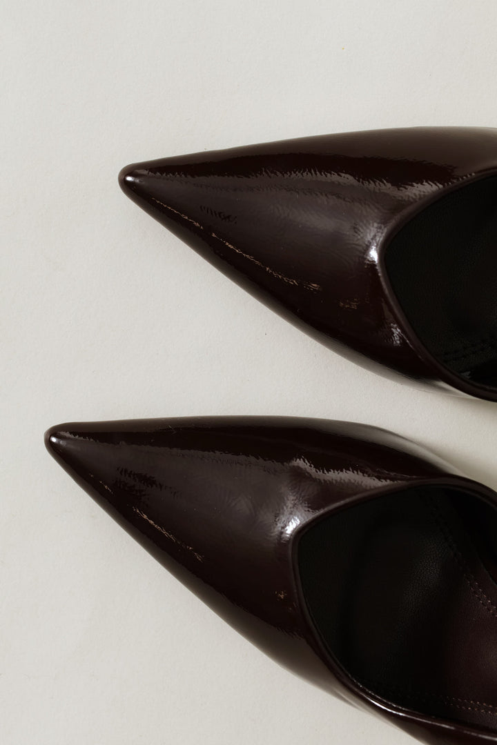 Satin V-Cut Stiletto Slingback Heel - Chocolate