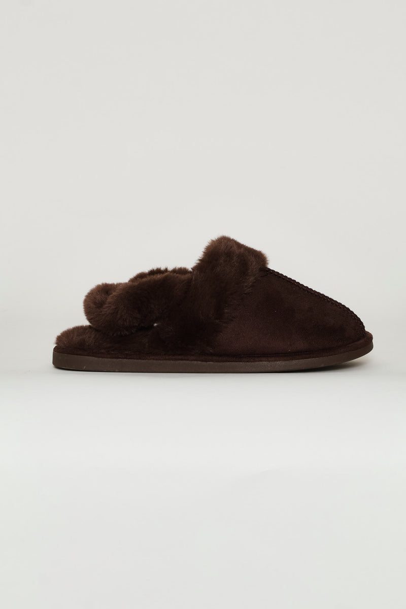 Slingback Centre Seam Fur Slipper - Chocolate