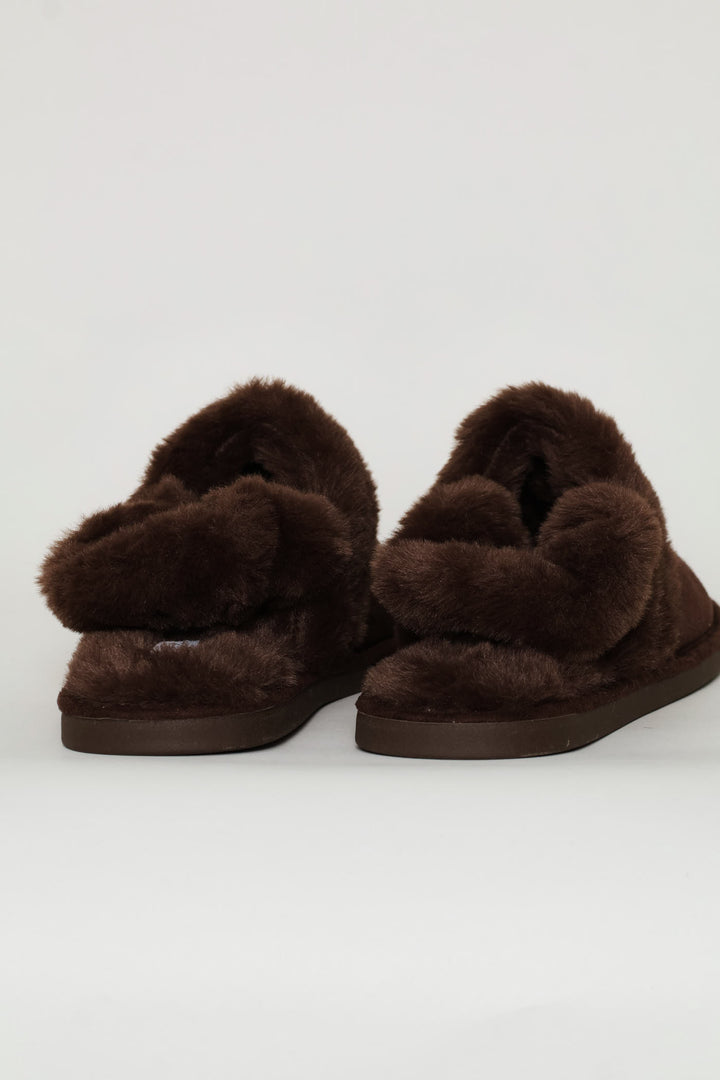 Slingback Centre Seam Fur Slipper - Chocolate