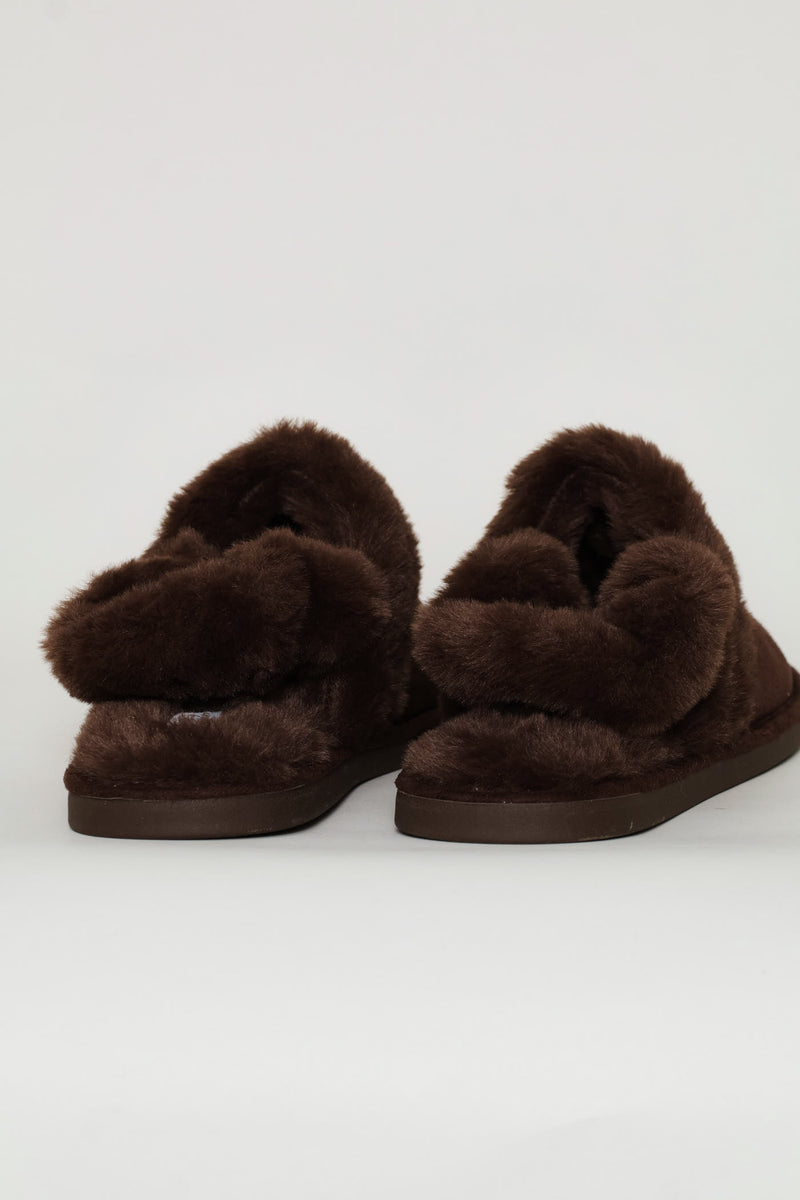 Slingback Centre Seam Fur Slipper - Chocolate