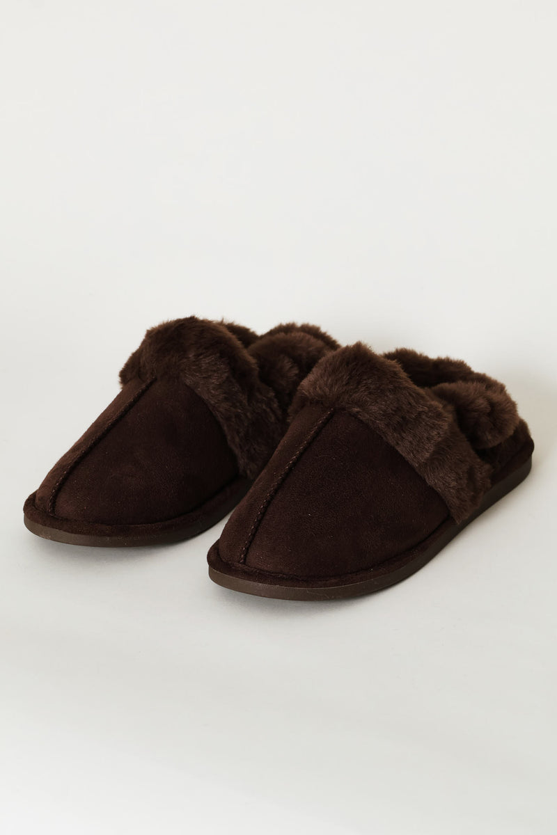 Slingback Centre Seam Fur Slipper - Chocolate