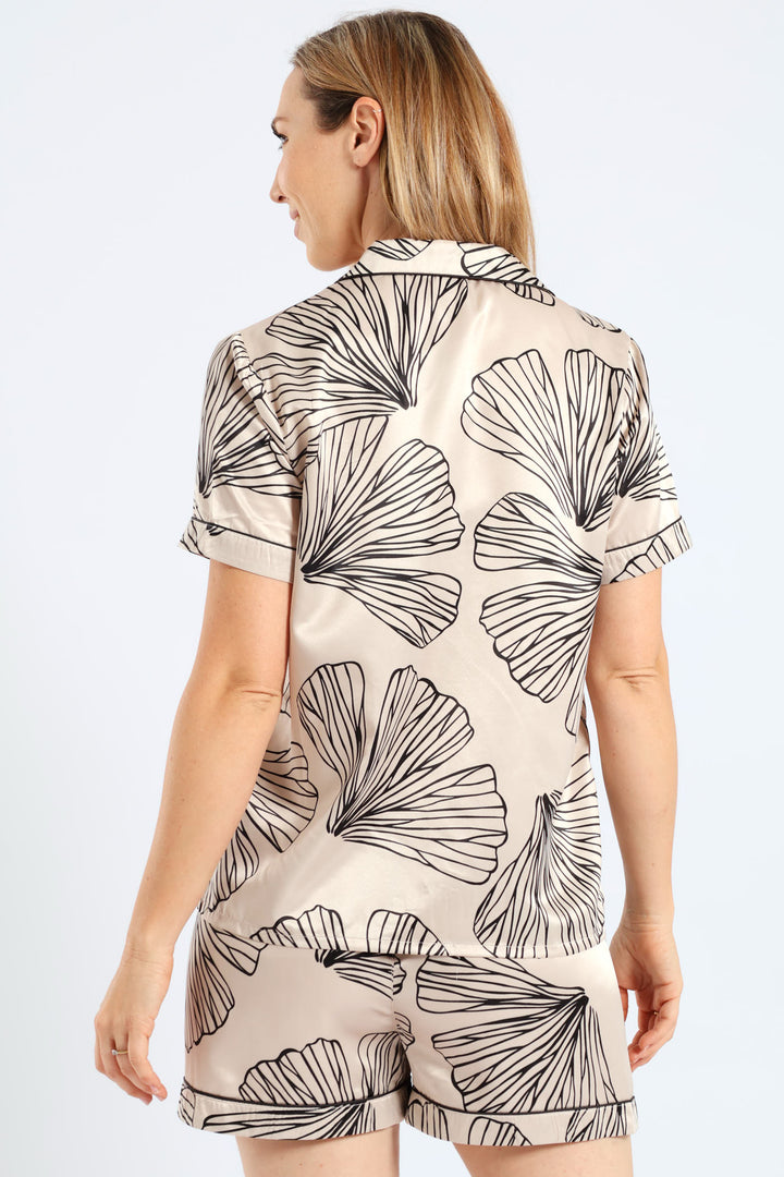 Handrawn Palm Button Through & Short Satin Set - Light Grey