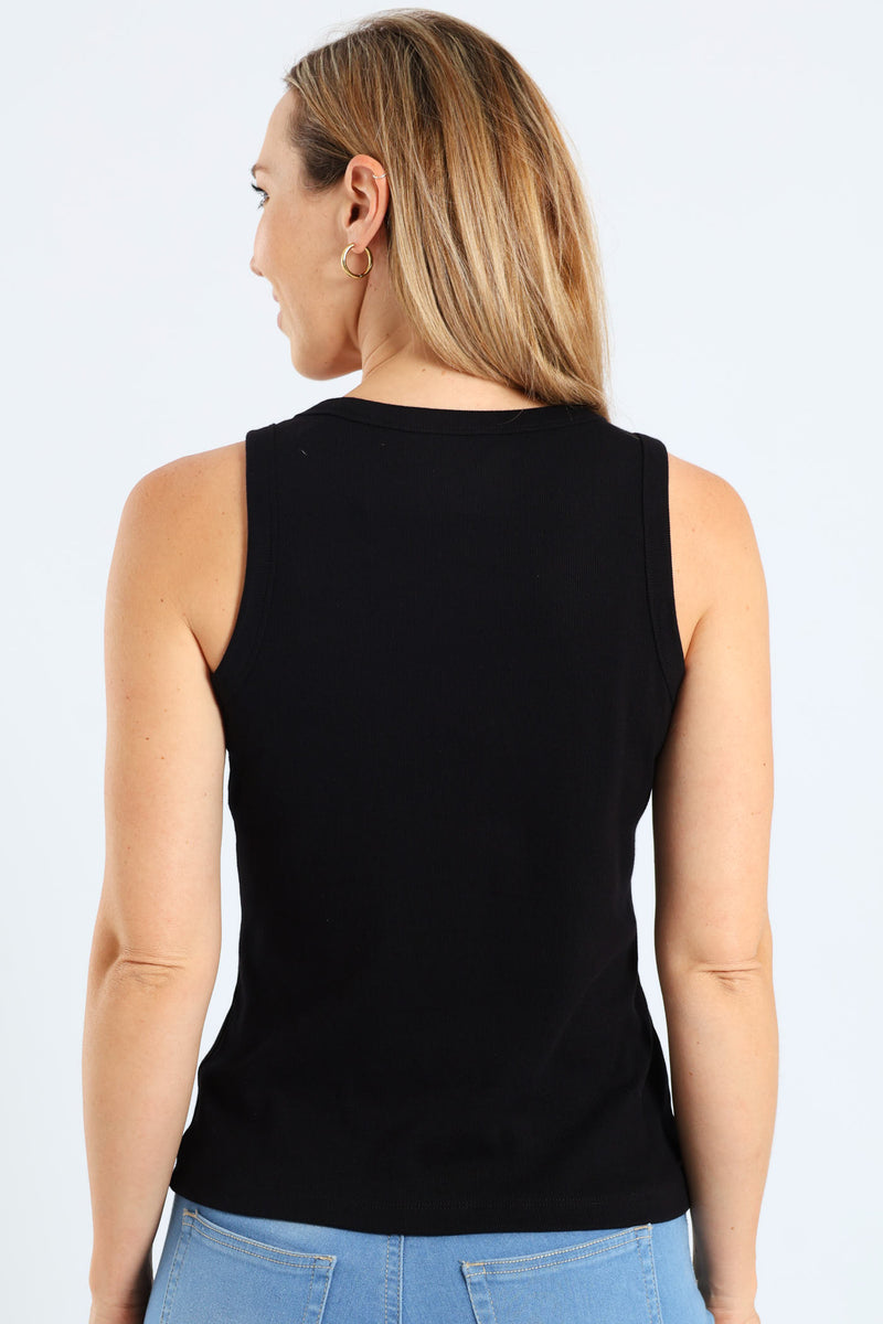 Rib Fitted Tank Top - Black