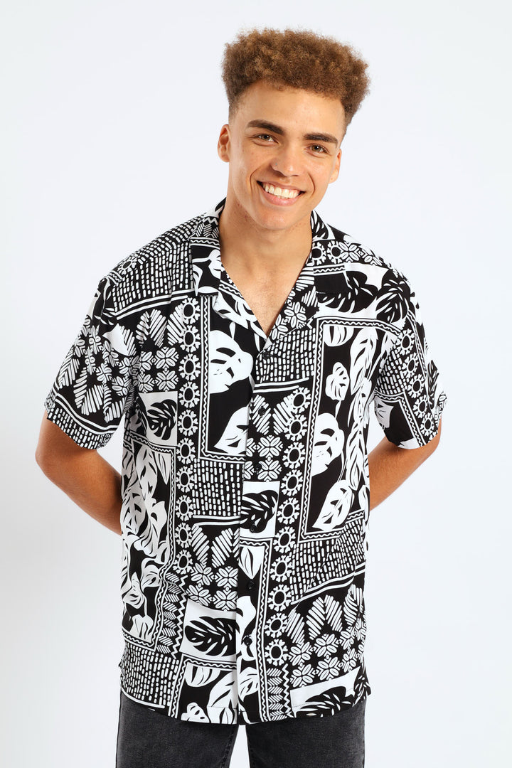 Short Sleeve Viscose Block Leaf Shirt - Black/White