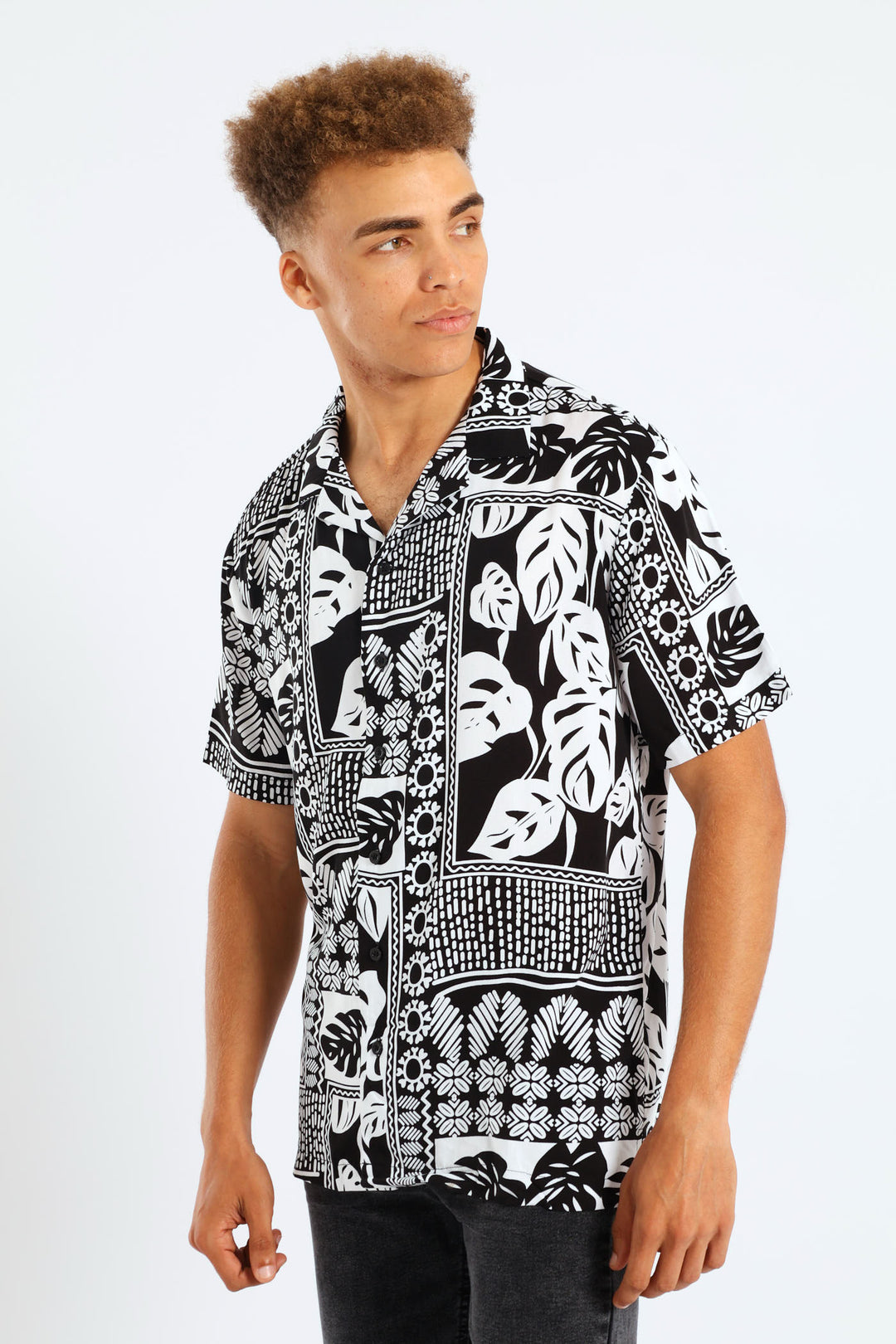 Short Sleeve Viscose Block Leaf Shirt - Black/White